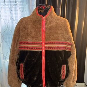 Cozy Two-Tone UGG Sherpa Zip Jacket with Red Trim